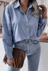 Hnewly - Fashion Casual Striped Solid Turndown Collar Tops Blue / S Tops/Blouses & Shirts